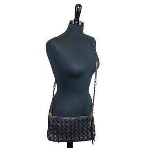 Elliott Lucca Woven Black Leather Purse Clutch Crossbody East West
